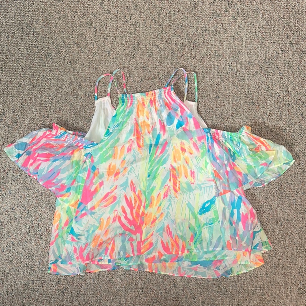 Lilly Pulitzer Pink and Yellow Ruffled Crop Blouse - Picture 3 of 4